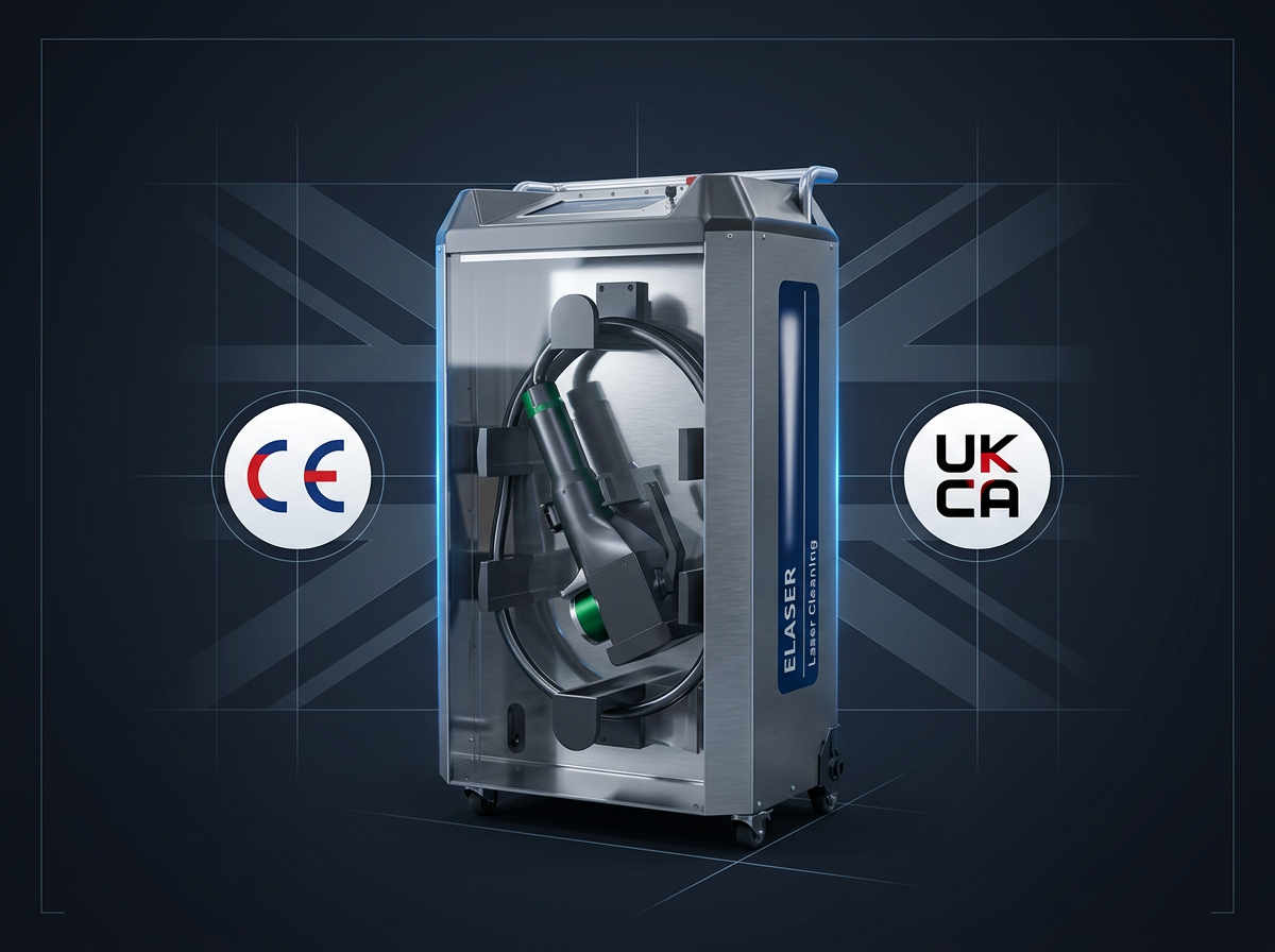 ELASER Pulse laser rust removal machine centered between CE and UKCA certification badges on dark navy background with subtle Union Jack geometric pattern
