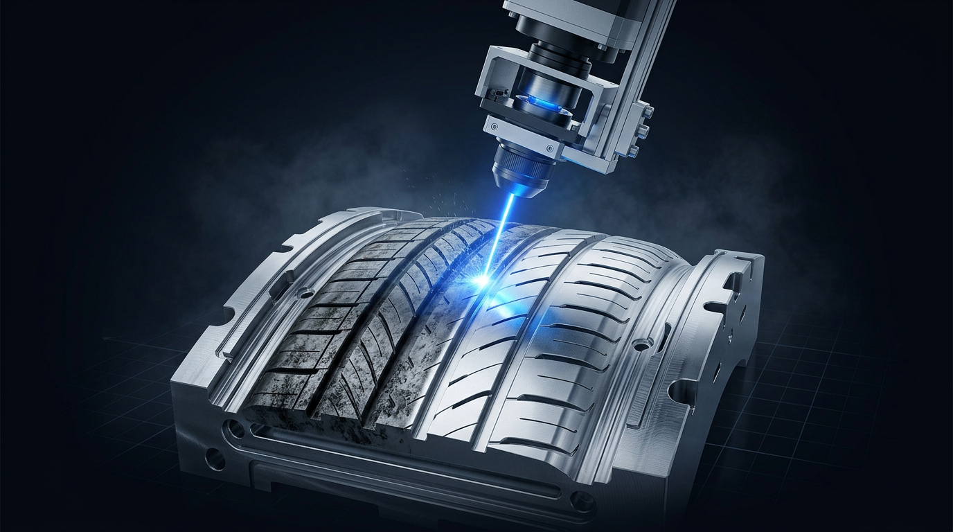 Laser cleaning head positioned over precision-engineered tyre mould segment, electric blue laser beam striking the surface showing non-contact cleaning of cavity vents and surfaces with stark before-after contrast.