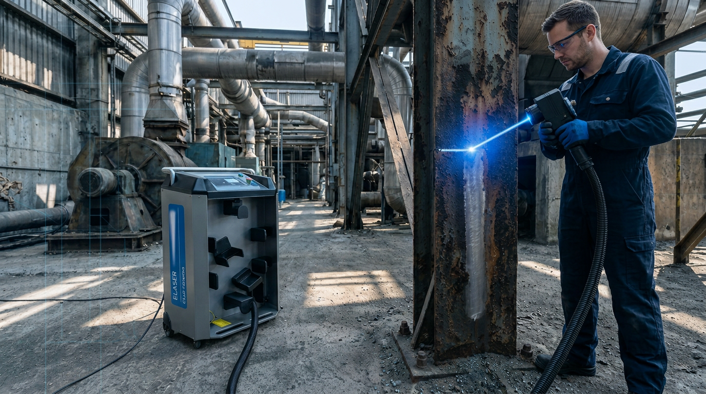 Technician in navy coveralls using ELASER handheld laser scanner on corroded industrial steel pipe, with electric blue laser beam visible at contact point transitioning rust to bare metal, ELASER machine and extended fiber cable in background on active industrial site.