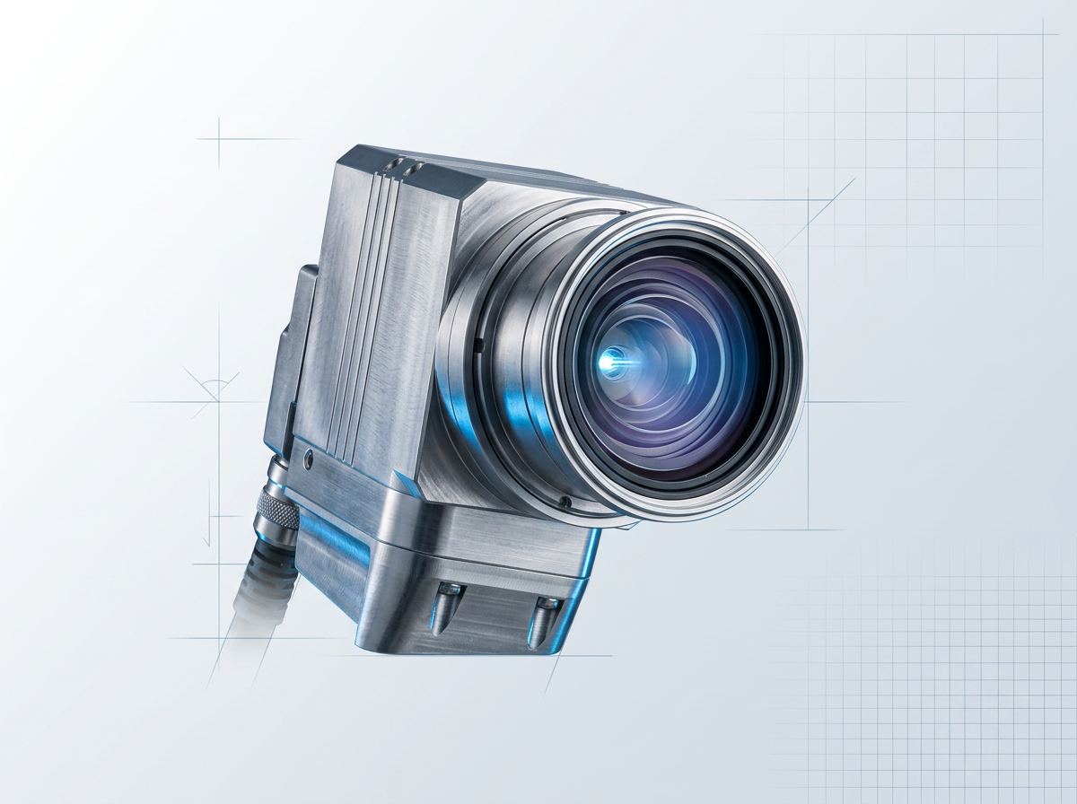 Close-up of ELASER handheld scanner head showing brushed aluminum galvanometer scanner body and multi-element F-Theta lens assembly with optical coatings, mounted at 45-degree angle against light background.