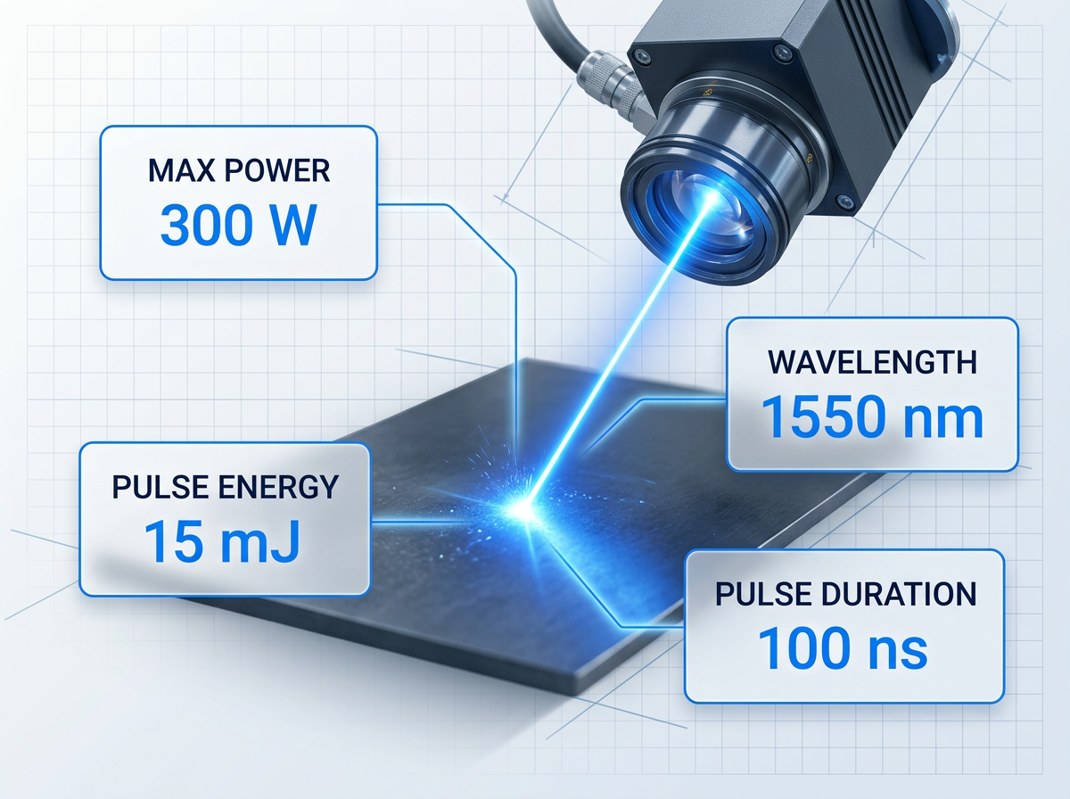 Fibre laser beam output striking a dark metallic surface with electric blue glow at impact point, surrounded by four data containers displaying specifications: 300 W maximum power, 1550 nm wavelength, 15 mJ pulse energy, 100 ns pulse duration.