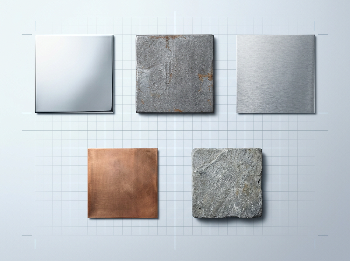 Flat-lay arrangement of five material samples: polished steel, raw cast iron, brushed aluminium, copper sheet, and stone, arranged on a light technical background with subtle grid pattern.