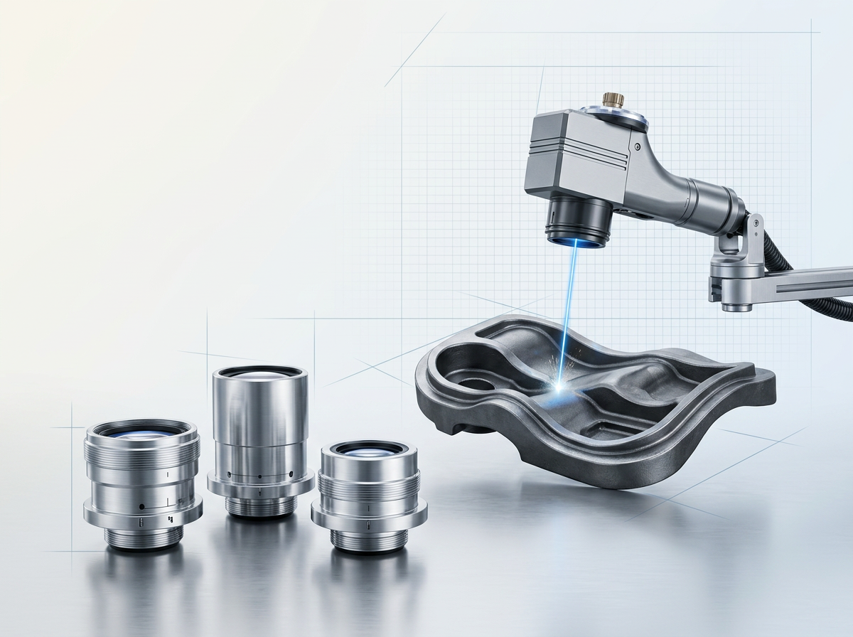 Three F-Theta lenses of different focal lengths arranged on a metal surface beside a laser scanner head positioned at standoff distance above a curved cast iron workpiece, with electric blue laser beam striking the surface.
