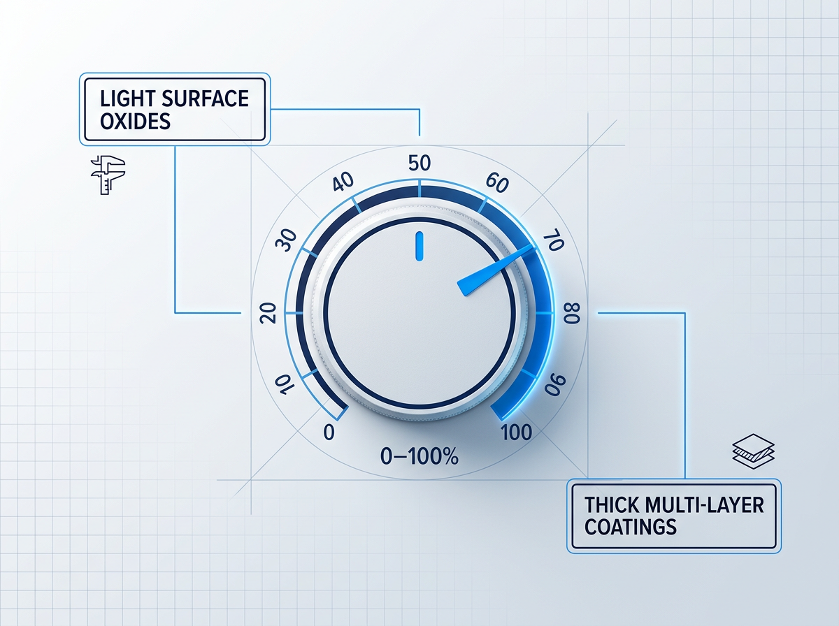 Power control dial showing 0–100% range with electric blue pointer, labeled at low end 'Light surface oxides' and high end 'Thick multi-layer coatings', demonstrating single-machine cleaning capability across full spectrum.