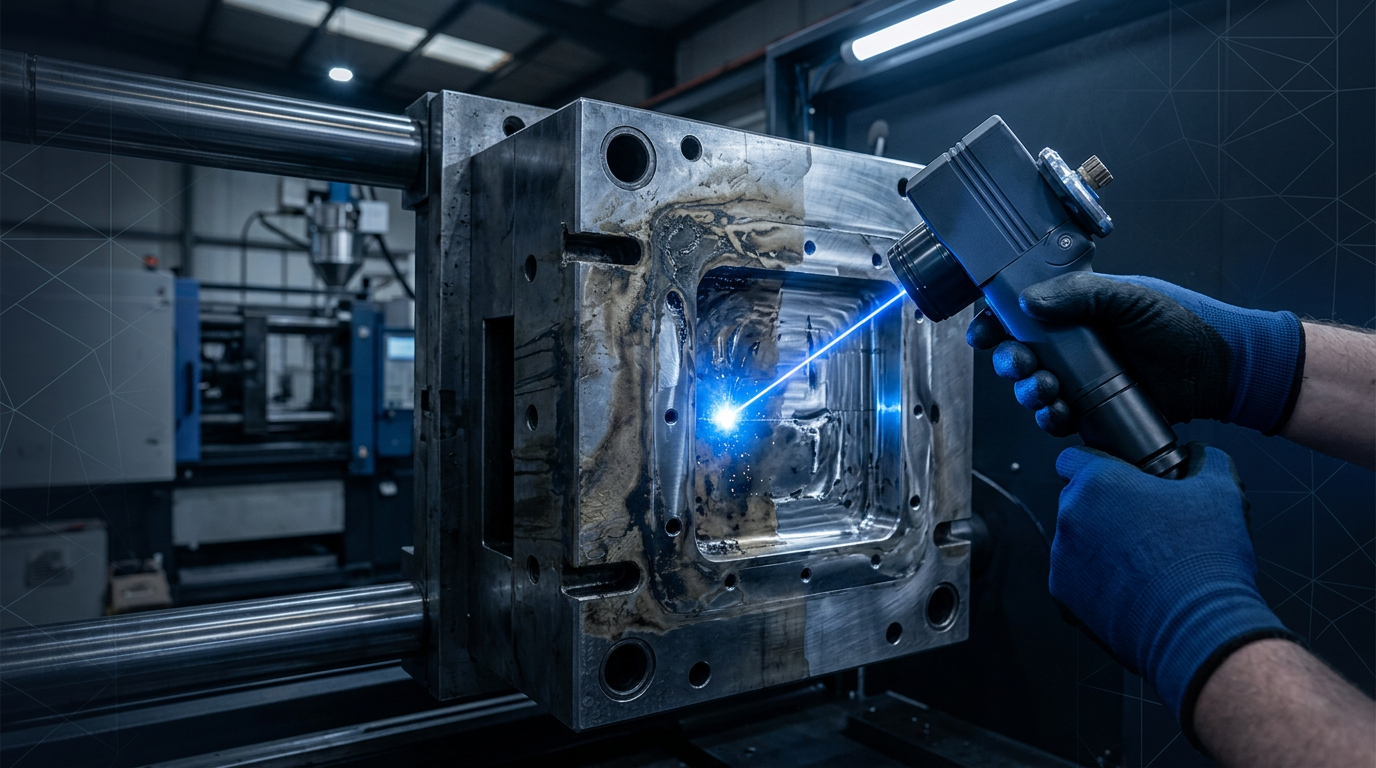 Laser scanner directed at injection mould cavity showing residue buildup on left side and clean bare metal on right, with electric blue laser beam at contact point, mounted in production machine.