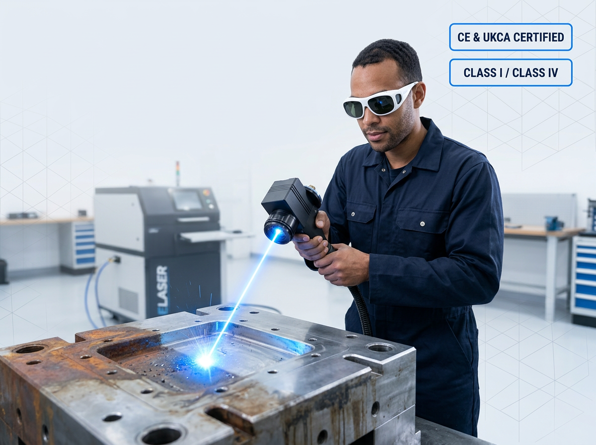 Laser cleaning operator in dark navy coveralls and safety goggles using ELASER handheld scanner on rusted metal surface, with electric blue laser contact point showing cleaning effect and certification badges in upper right corner.