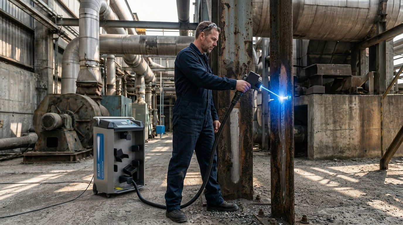 Single operator in dark coveralls holding ELASER handheld laser scanner pointed at rust-stained steel column, with electric blue laser contact point showing active cleaning. Main ELASER unit with wheeled chassis visible in background.