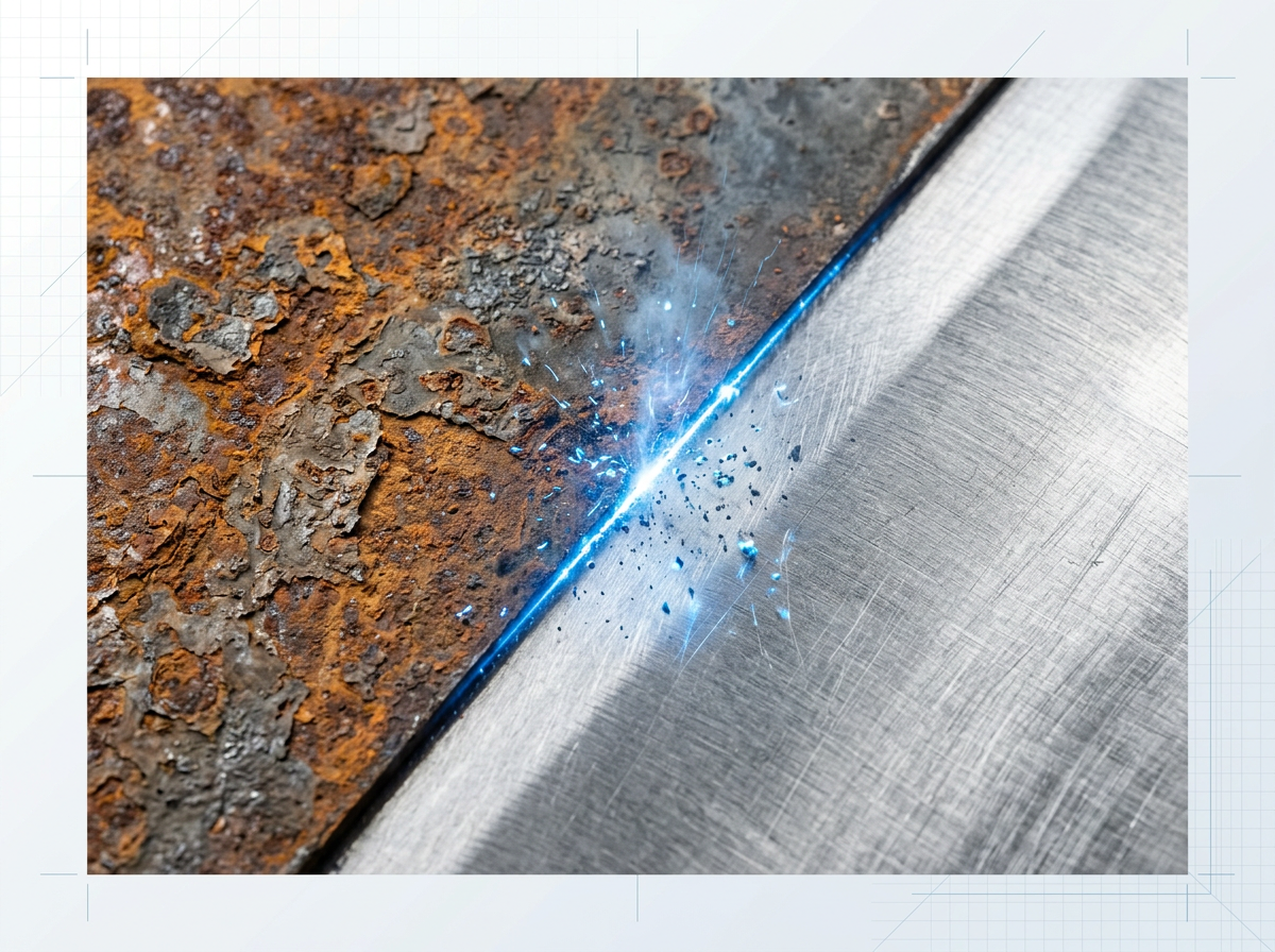 Steel surface in extreme close-up showing sharp boundary between rust-covered left side and clean bare metal on right, with electric blue laser energy at the cleaning edge.
