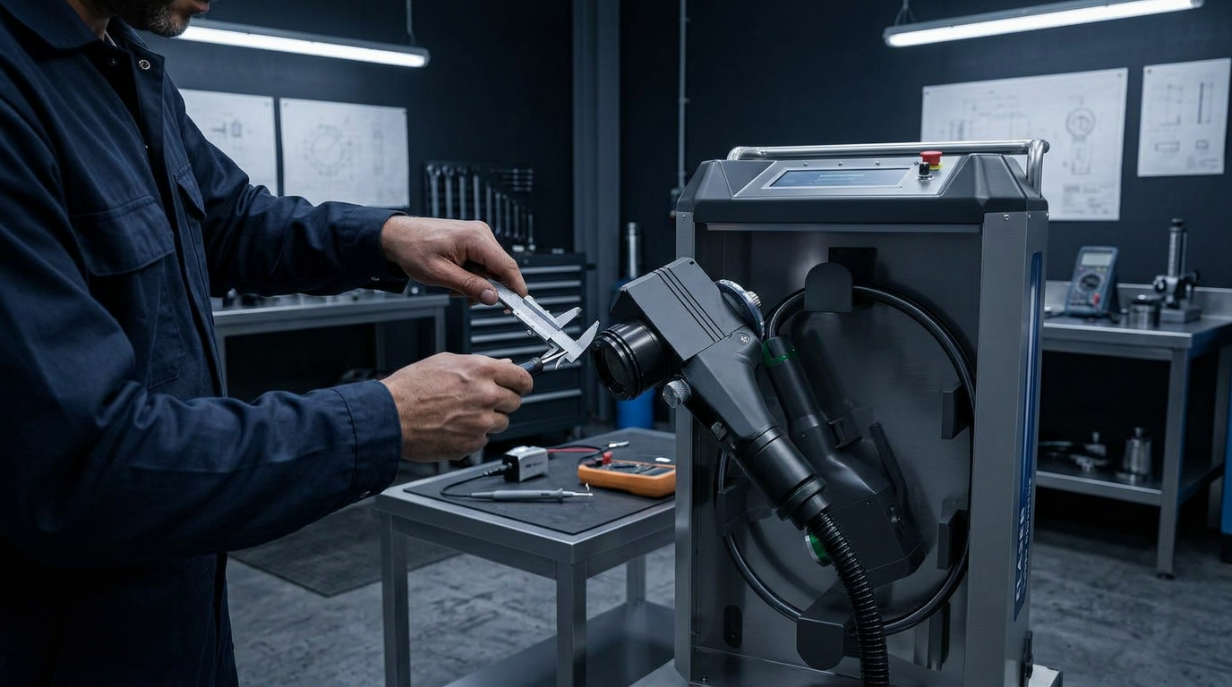 Technician in dark coveralls working on ELASER laser cleaning machine in precision engineering workshop, using calipers and diagnostic tools on the laser head assembly under cool directional lighting.