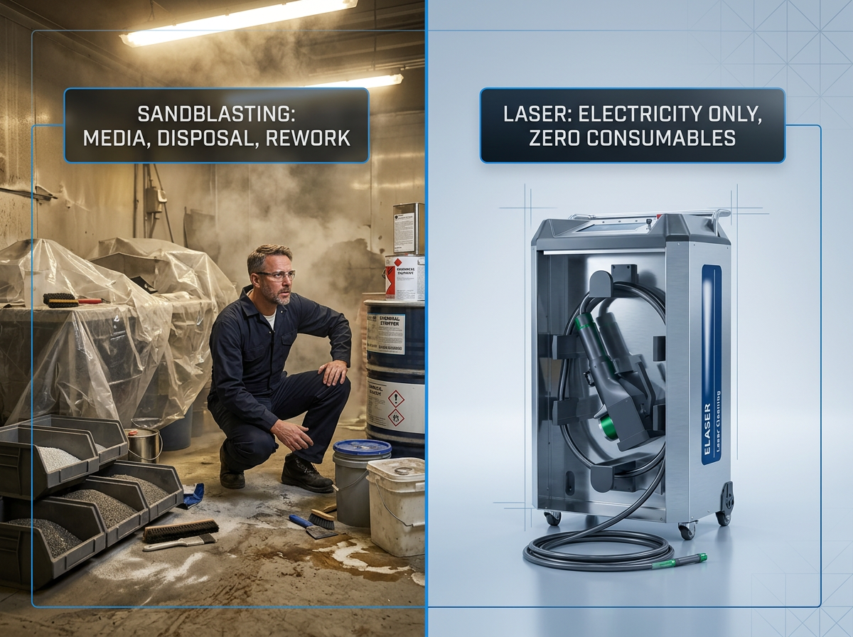 Split-screen industrial comparison: left side shows chaotic sandblasting workspace with chemical drums, blasting media, and protective sheeting; right side displays pristine laser cleaning setup with single ELASER machine and no consumables.