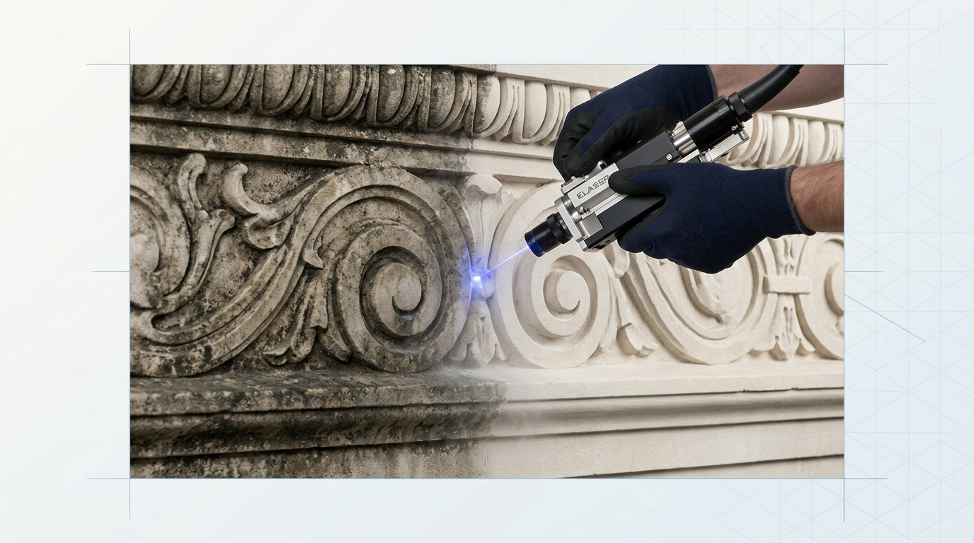 Hands in dark gloves operating ELASER laser scanner on ornate carved stone, with sharp boundary between soiled left side and cleaned pale limestone right side, electric blue laser glow at contact point.
