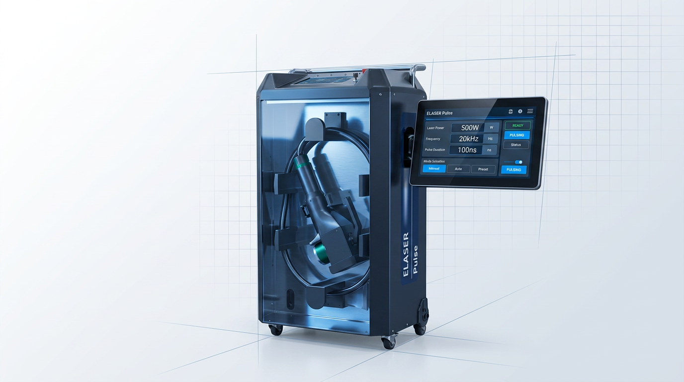 ELASER Pulse laser rust removal machine with touchscreen control panel prominently displayed on the right side, showing operational parameter settings and status indicators in a clean industrial environment.