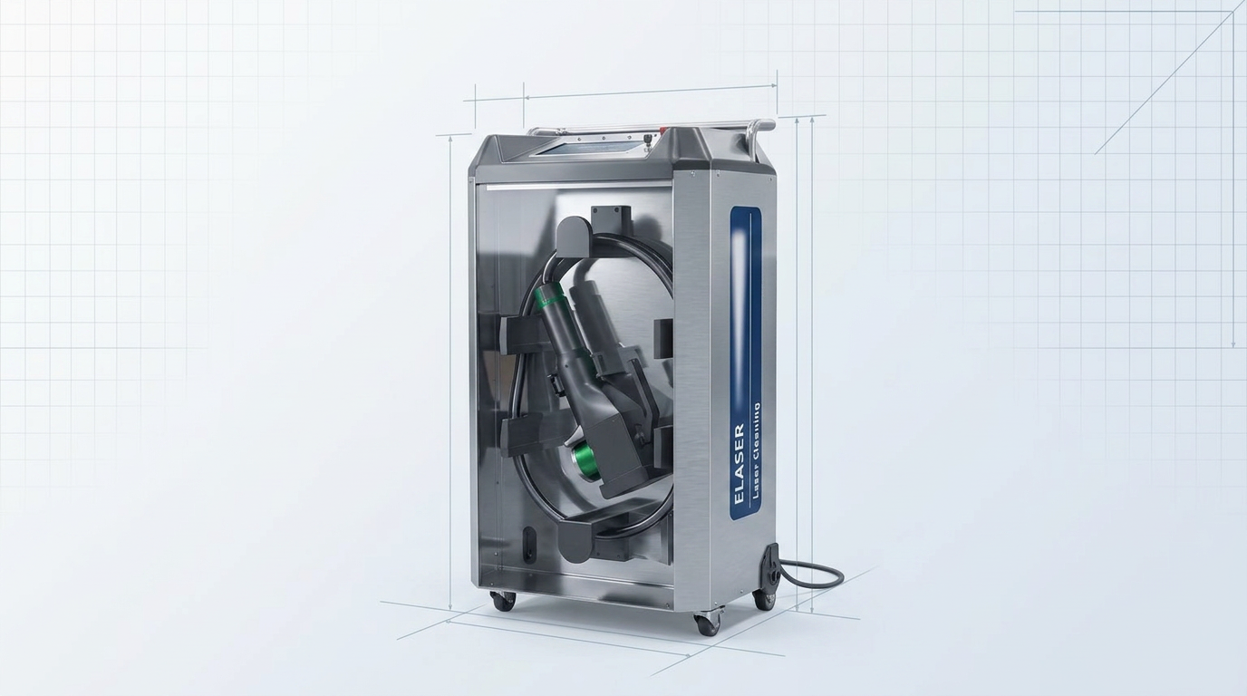 ELASER Pulse Laser Rust Removal Machine on wheeled chassis, compact dark navy metal unit with integrated fiber cable storage and handheld scanner, ready for operation without external attachments.