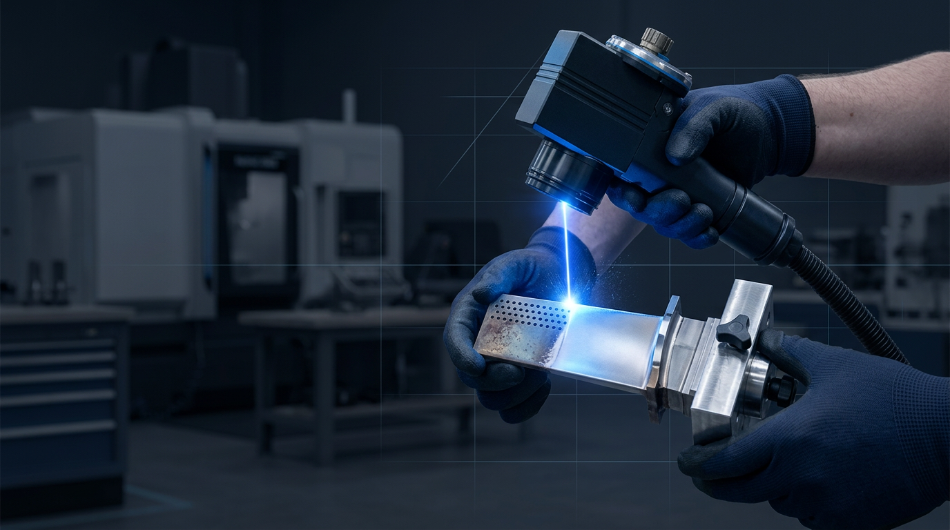 ELASER laser scanner cleaning a precision aerospace turbine blade, with electric blue laser beam revealing bright bare metal surface contrasted against oxidized material.