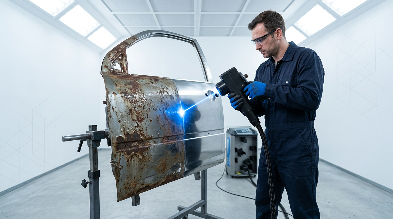 Automotive technician in navy coveralls using ELASER laser scanner on car body panel, showing stark before-and-after surface transformation from rusted, degraded paint to clean bare metal with electric blue laser contact point at the transition.