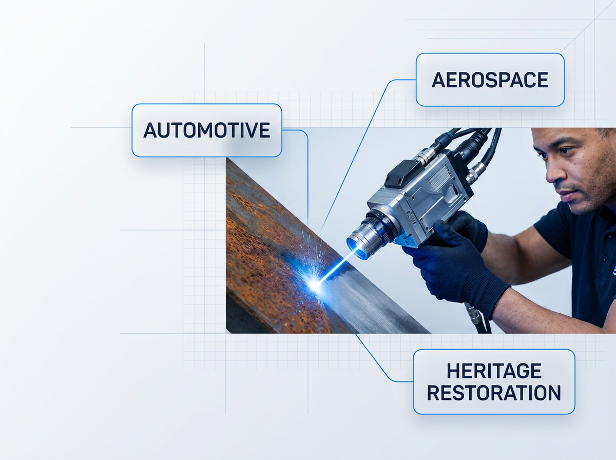 Handheld laser scanner head in active operation on rusted steel surface, with bright electric blue laser beam creating stark contrast between dark rust and clean bare metal at the ablation point. Three sector badges—Automotive, Aerospace, Heritage Restoration—positioned as callouts around the cleaned area.