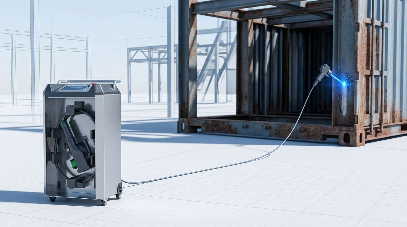 ELASER Pulse laser rust removal machine stationary in foreground left, with 50-meter fiber cable extending diagonally across industrial site toward large steel structure, scanner head at cable end emitting electric blue laser beam at metal surface.