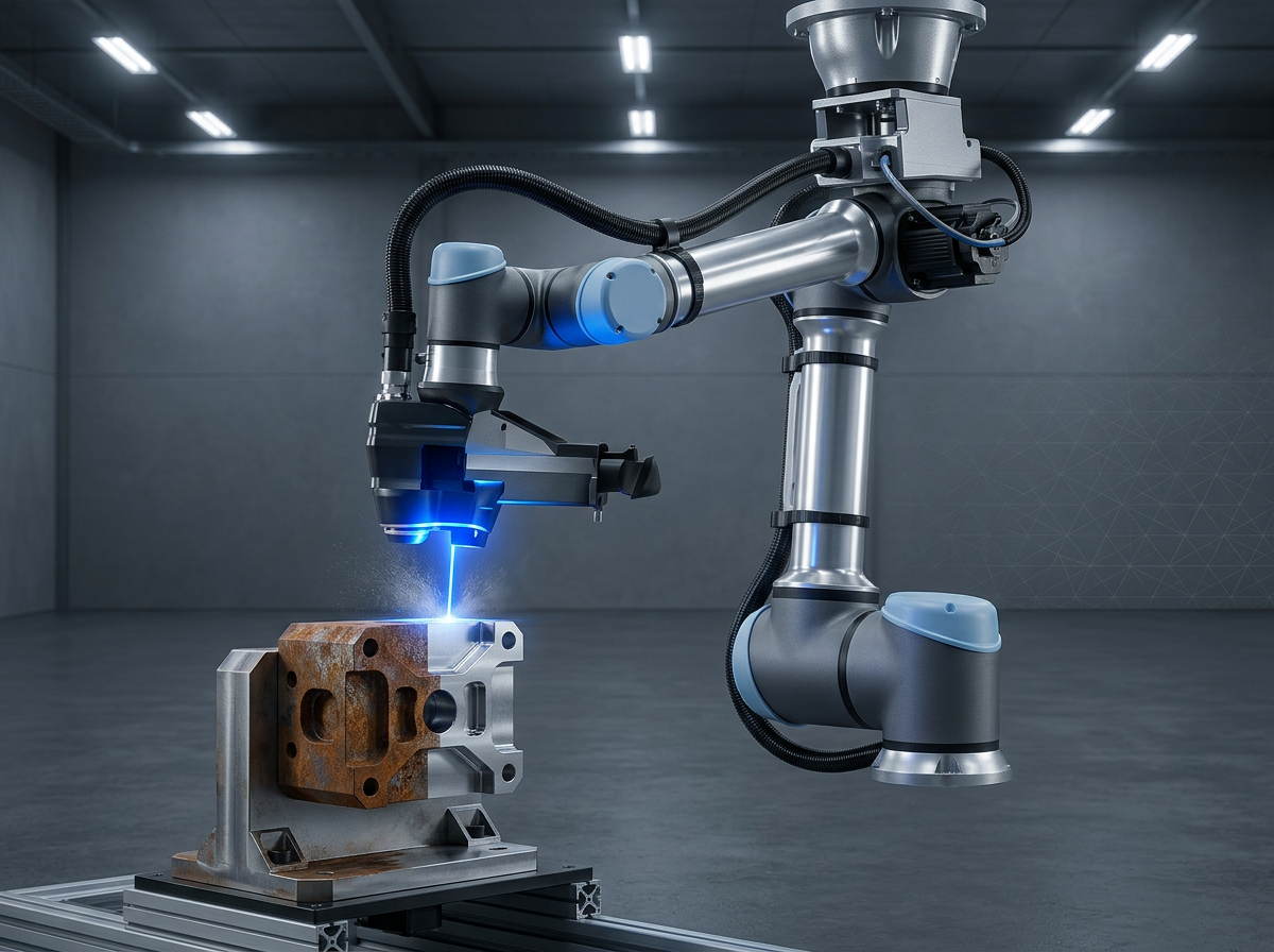 Articulated industrial robotic arm with laser cleaning head positioned over precision metal component, showing stark before/after contrast with electric blue laser contact point and particle ablation effect.