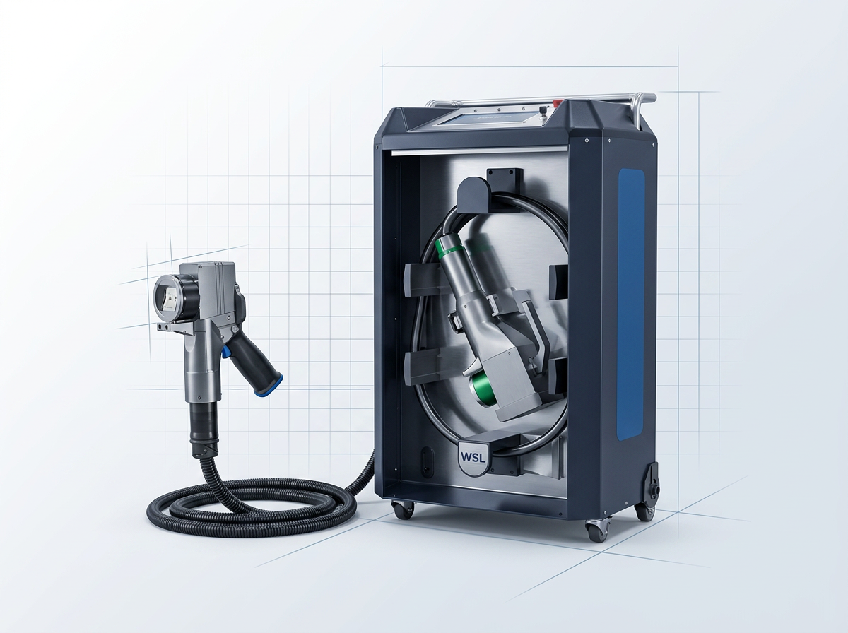 Complete ELASER wheeled laser rust removal system with main chassis unit and handheld scanner head, demonstrating portable integrated design with fiber cable assembly.