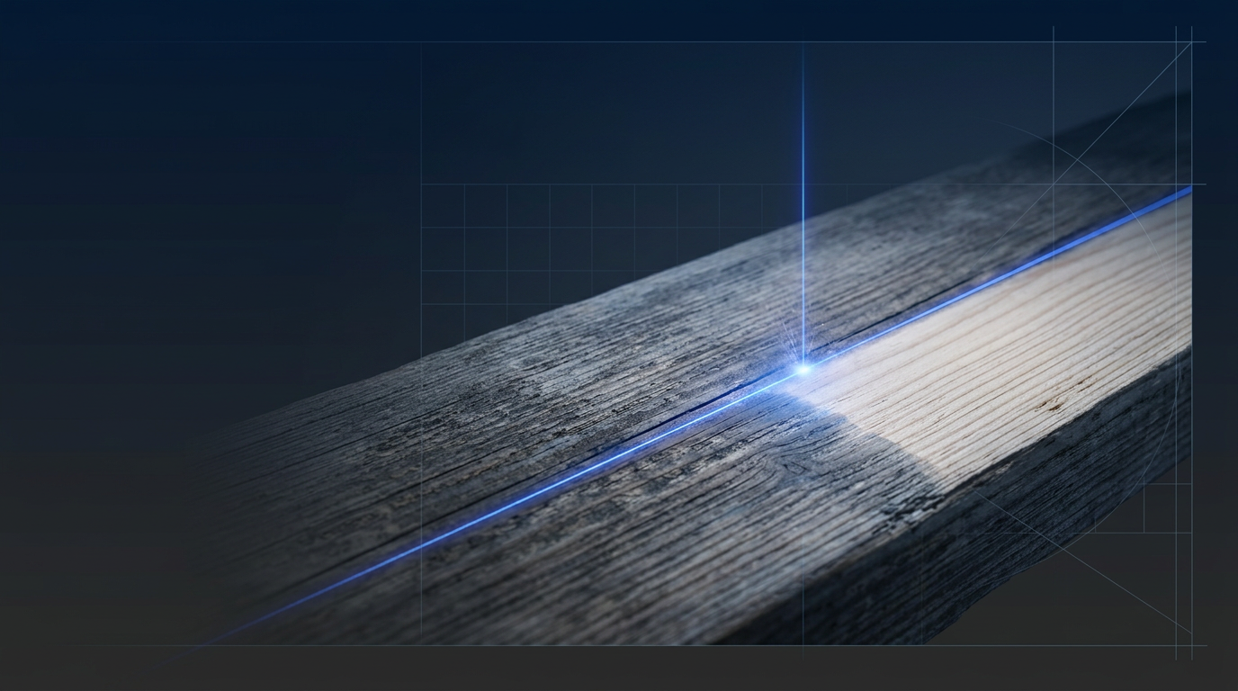 Dark timber surface with visible wood grain, split by electric blue laser line showing cleaned bare wood on one side and aged weathered coating on the other, with soft blue glow at the laser contact point.