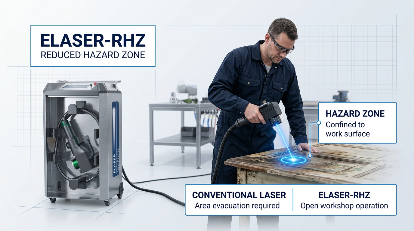 ELASER-RHZ laser cleaning machine with extended fiber cable and scanner head directed at wooden surface, showing confined electric blue hazard zone immediately around work point while surrounding workshop remains safe and operational.