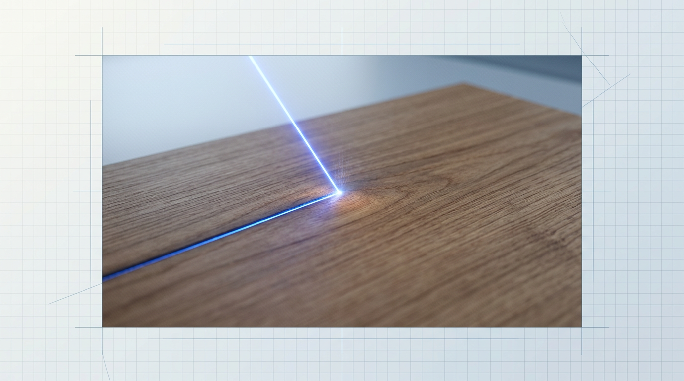 Close-up of timber surface with natural wood grain texture, illuminated by a focused electric blue laser beam grazing across at shallow angle, creating precise contact point with subtle particle ablation effect.