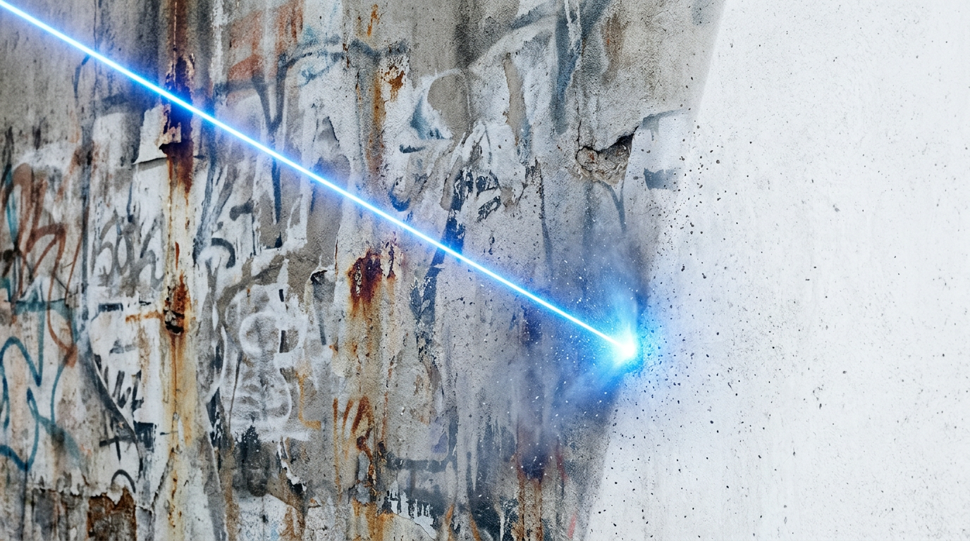 Electric blue laser beam ablating graffiti and weathered grime from concrete wall surface, with bright cleaned material contrasting against textured untreated wall.