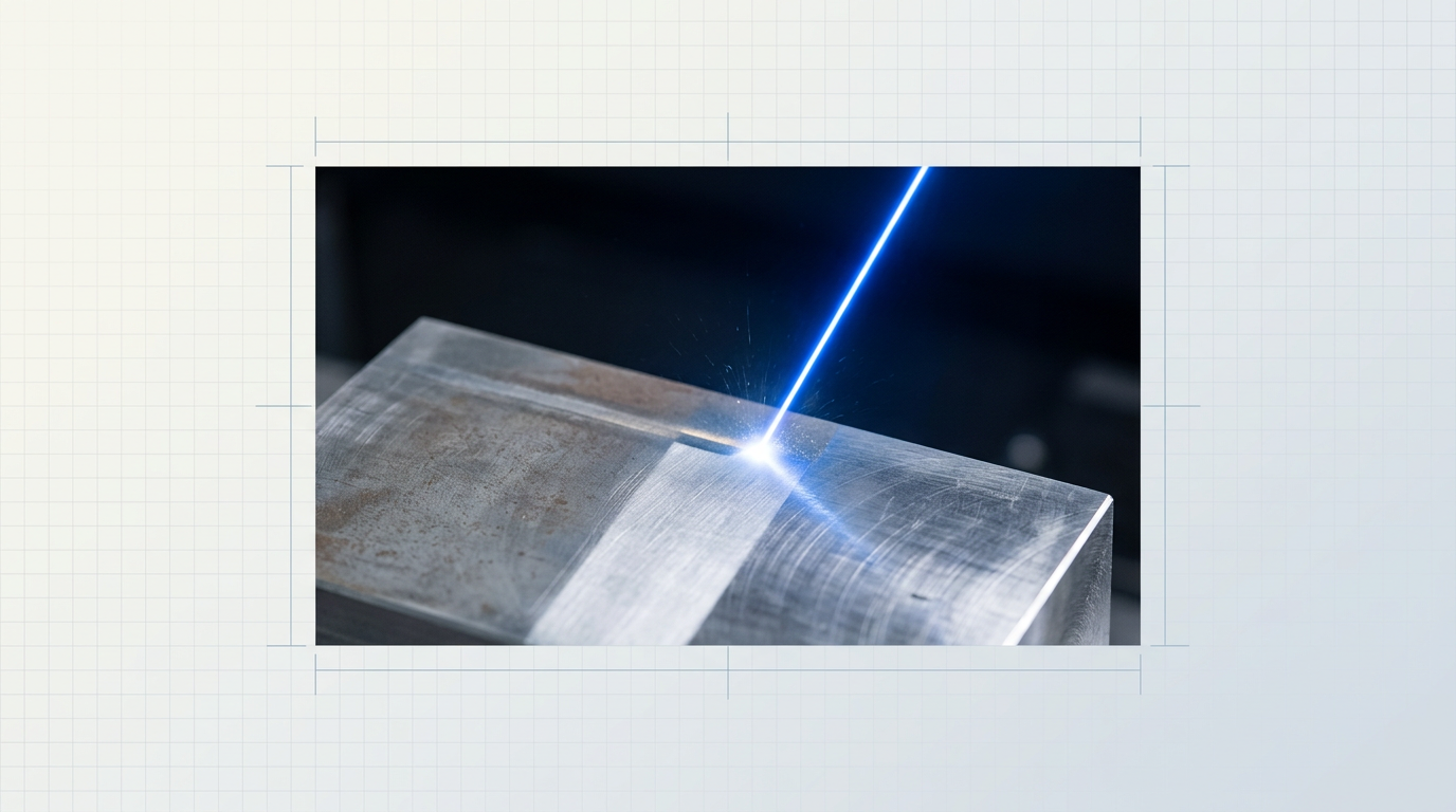 Dark industrial workshop with polished metal surface and bright electric blue laser beam creating a sharp cleaning point of contact, showing cleaned bare material contrasting with surrounding oxidized surface.