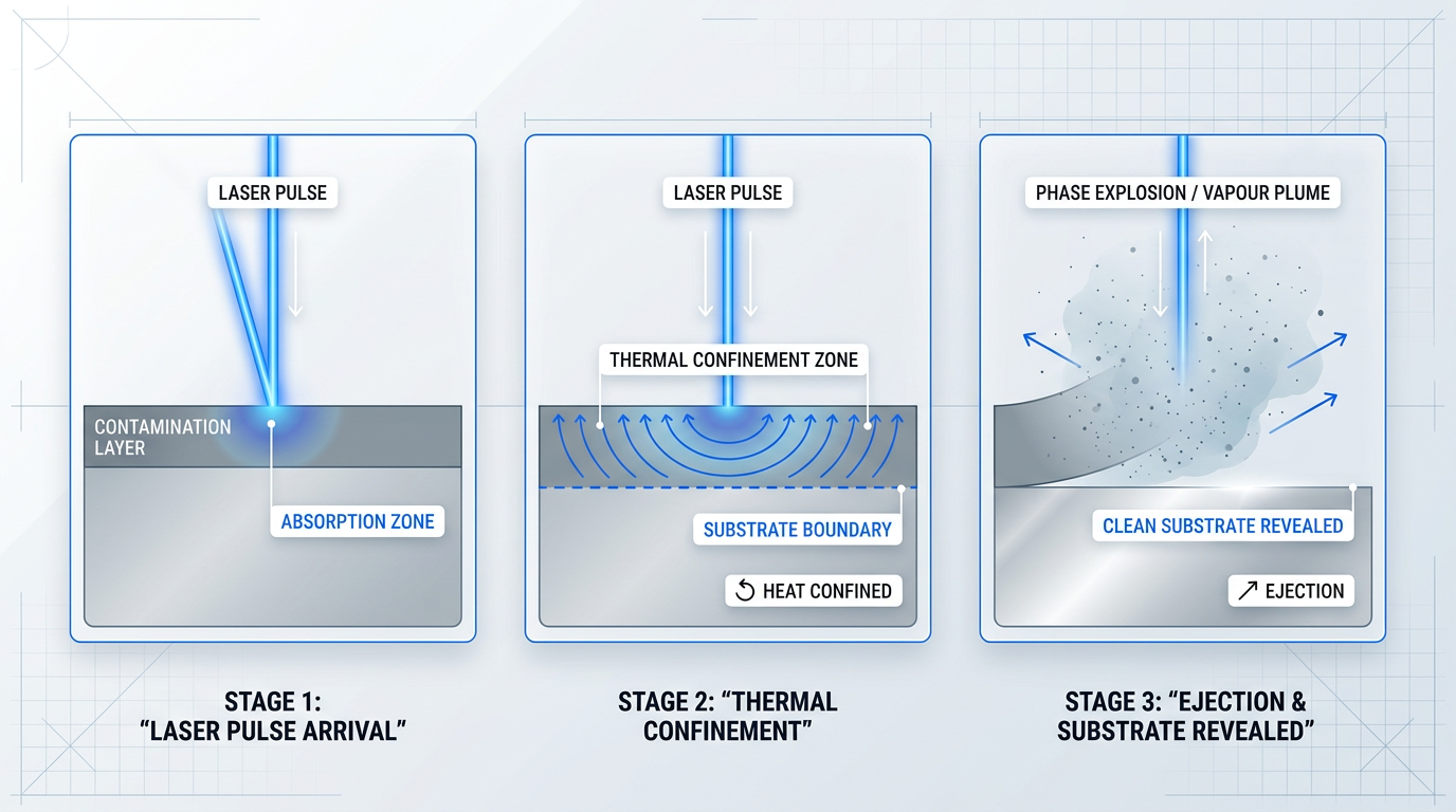 Three-stage cross-sectional schematic of pulsed laser ablation: Stage 1 shows laser pulse arriving at contamination layer with absorption zone highlighted; Stage 2 shows thermal confinement with heat arrows contained within contamination layer above substrate boundary; Stage 3 shows vapour plume ejection revealing clean substrate beneath.