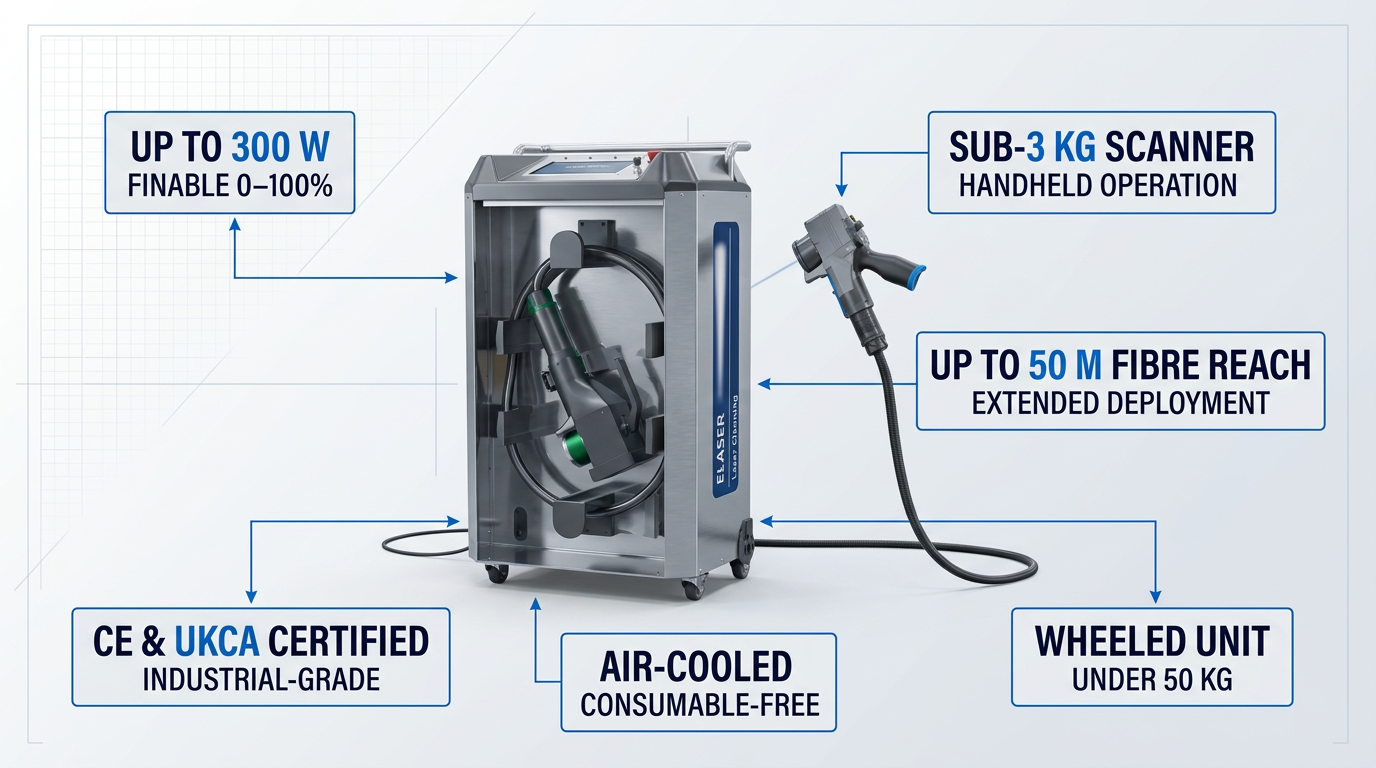 ELASER pulsed laser cleaning machine showing wheeled power unit on left connected via extended fibre cable to lightweight handheld scanner on right, with six specification containers annotating key features including 300W tunable power, sub-3kg scanner, 50m fibre reach, and air-cooled operation.