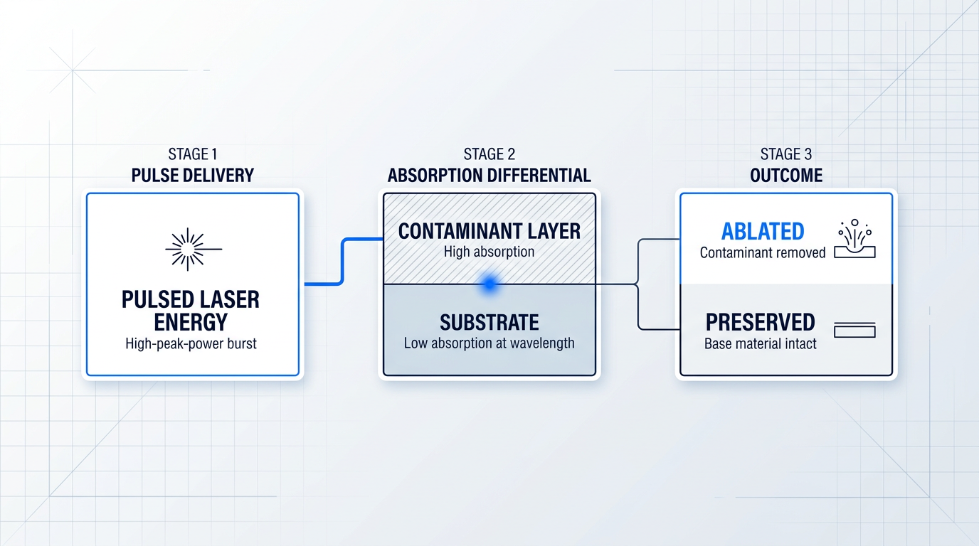Three-stage process flow showing pulsed laser cleaning principle: pulse delivery with high-peak-power burst, absorption differential between contaminant layer and substrate, and outcome with ablated contaminant and preserved base material.