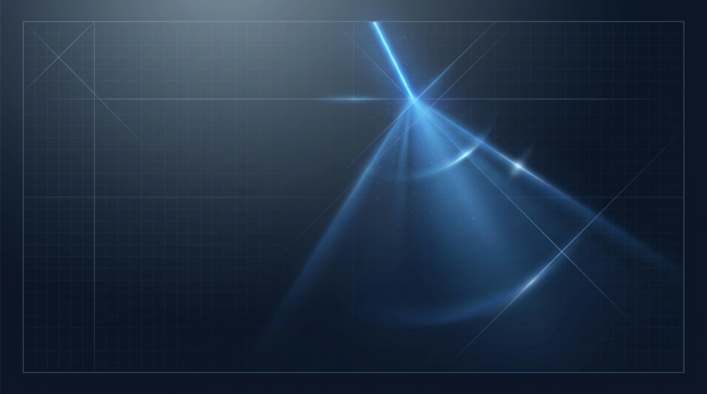 Dark navy background with geometric grid pattern and electric blue laser beam diffusing from upper center, creating cone of light with soft glow and optical scatter effects.