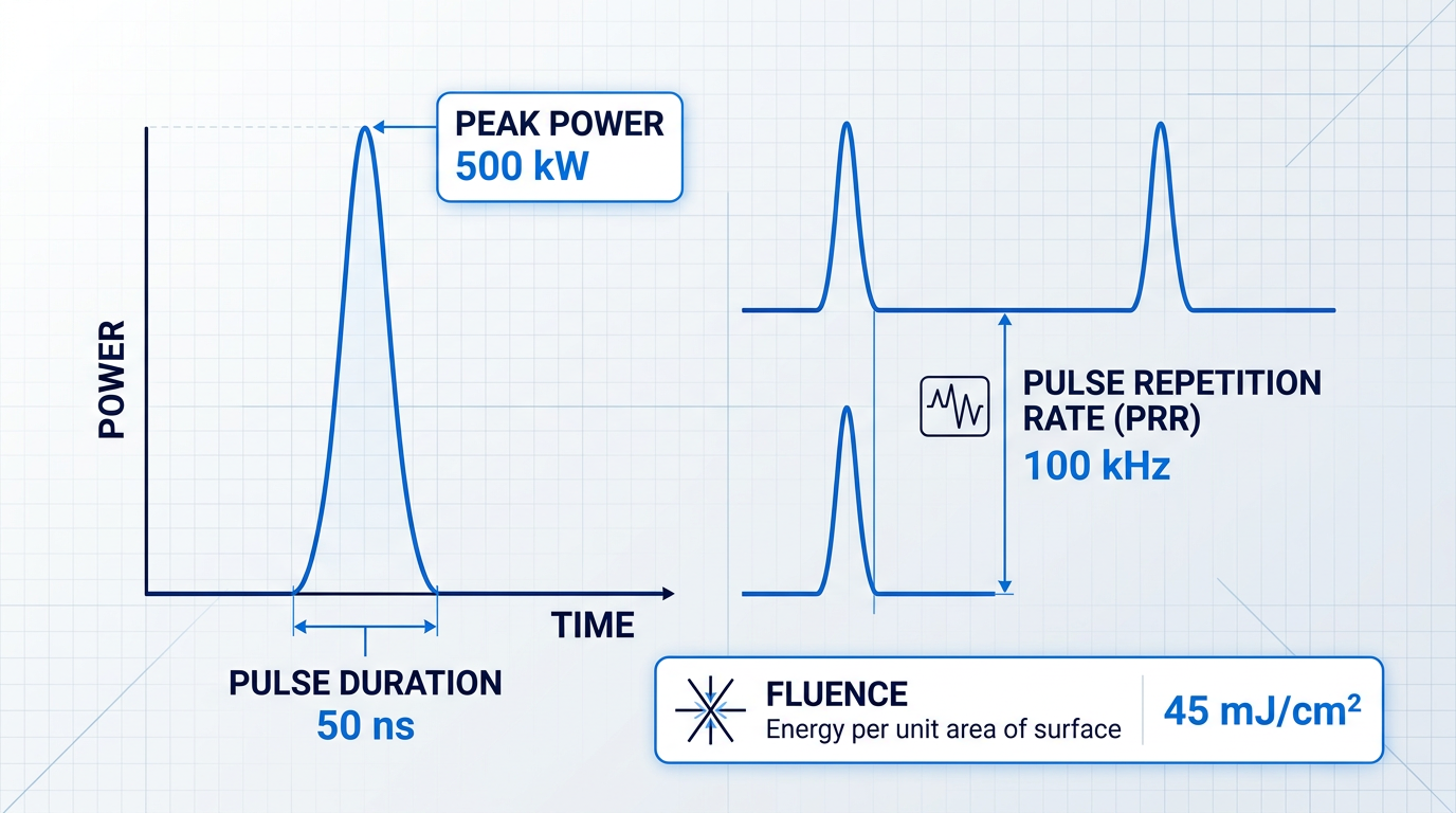 Technical waveform diagram showing a single laser pulse with peak power and pulse duration marked on the left, pulse repetition rate gap between two sequential pulses in the center, and fluence definition with sample value in a container at the bottom.