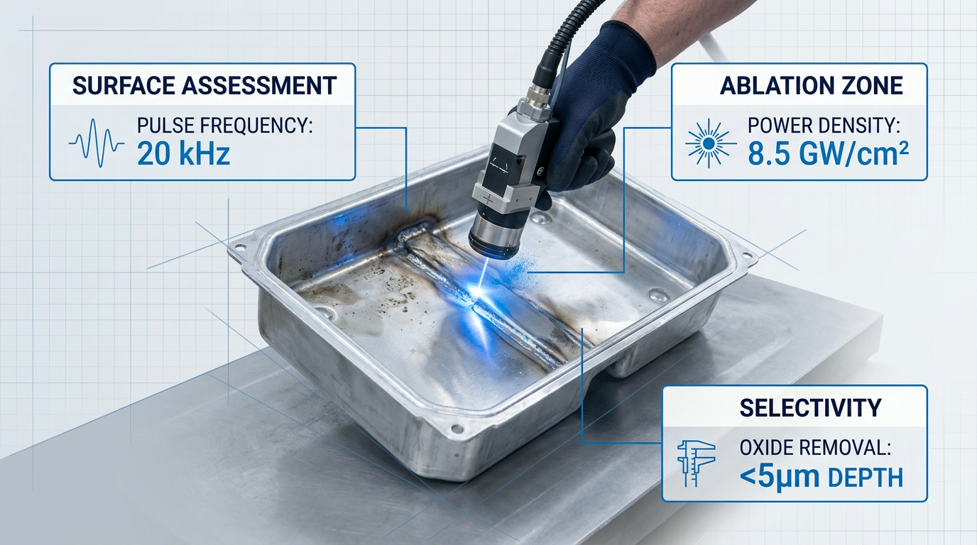 Automotive battery tray positioned at angle with handheld pulsed laser scanner head directed at pre-weld joining area, electric blue laser contact point showing selective oxide ablation while base metal remains untouched, with three labeled parameter containers connected by blue connector lines.