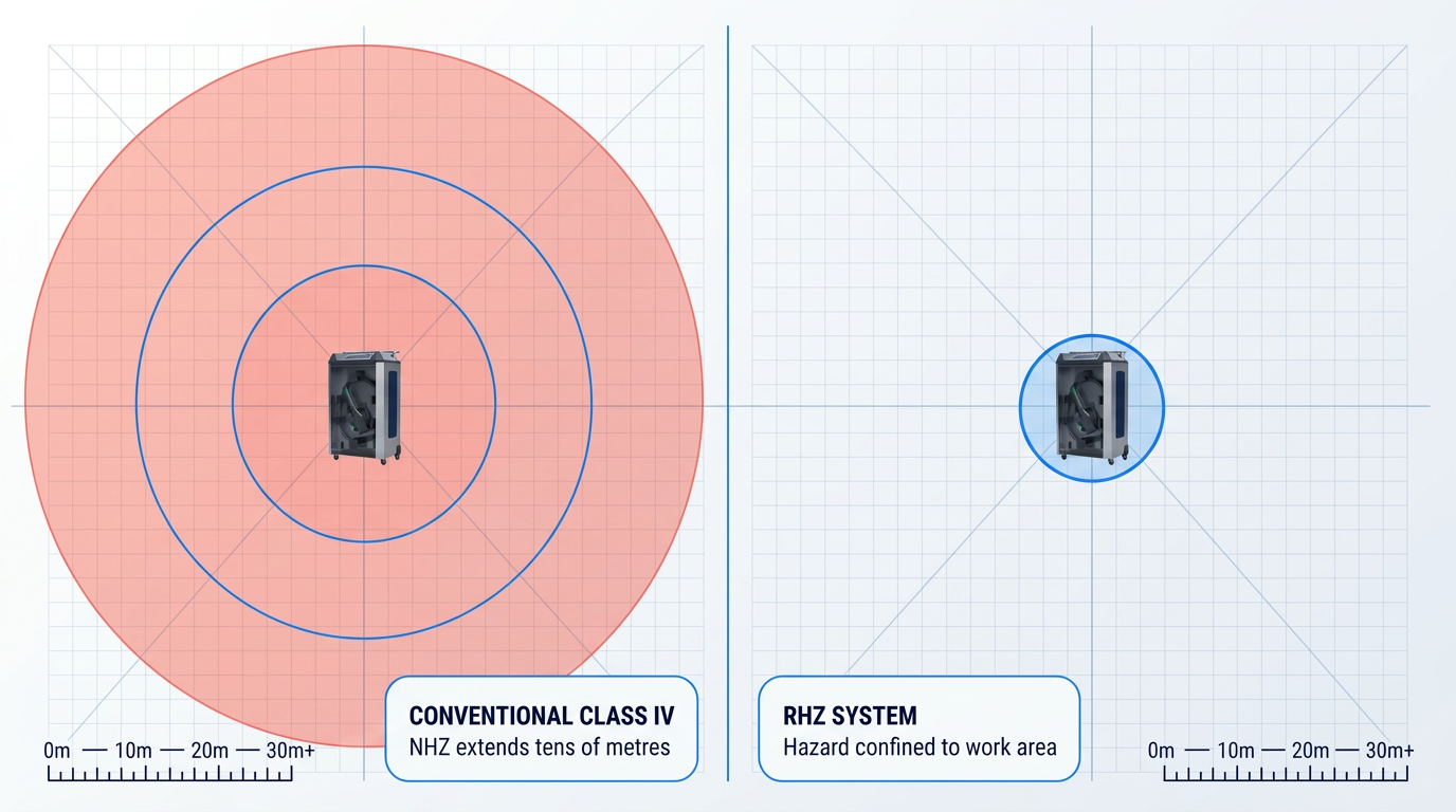 Side-by-side comparison of laser hazard zones: left panel shows conventional Class IV system with large red-shaded hazard zone extending tens of metres; right panel shows RHZ system with small blue-shaded hazard zone confined to work area. Scale indicator and labels beneath each system.