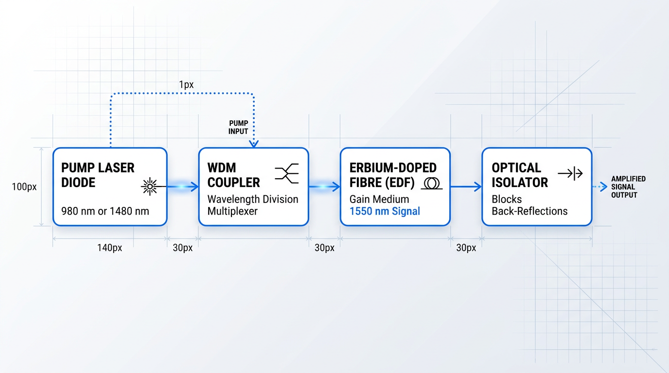 Functional architecture flow diagram of a standard EDFA showing four components connected left-to-right: pump laser diode (980/1480 nm), WDM coupler, erbium-doped fibre gain medium (1550 nm signal), and optical isolator with amplified signal output.