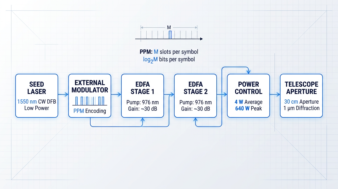 MOPA laser architecture flow diagram showing signal path from 1550 nm seed laser through external modulator with PPM encoding, two EDFA gain stages, power control (4 W average, 640 W peak), to 30 cm telescope aperture, with PPM pulse train visualization above.