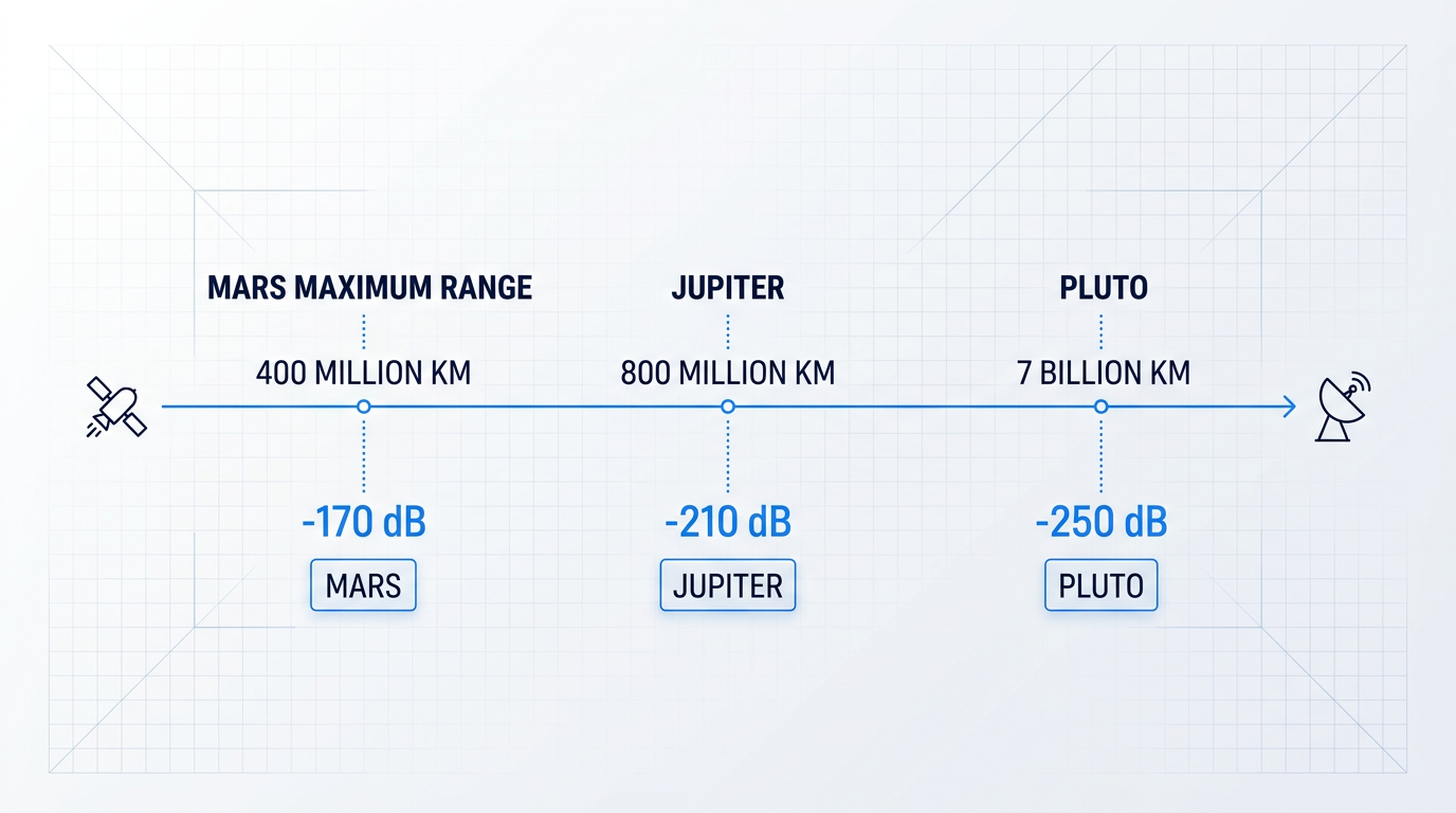 Horizontal signal path diagram showing free-space path loss progression from spacecraft to Earth across solar system distances: Mars at 400 million km (-170 dB), Jupiter at 800 million km (-210 dB), and Pluto at 7 billion km (-250 dB), with navy and electric blue technical styling.