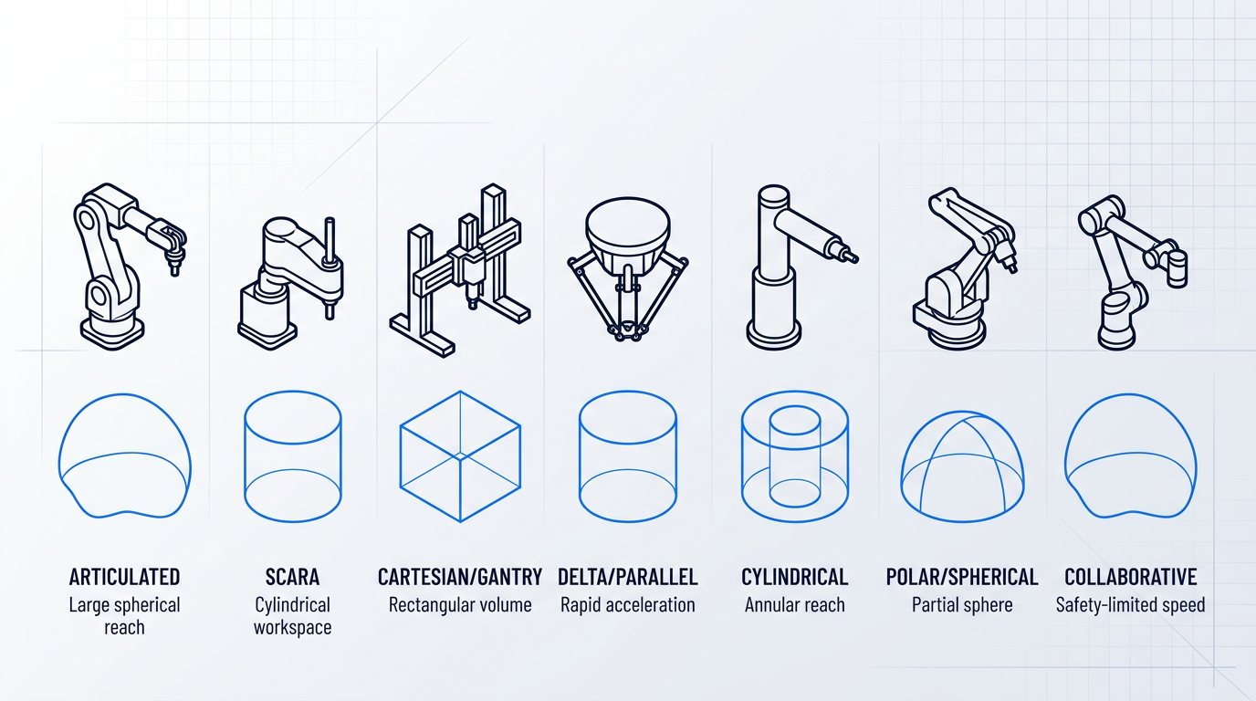 Seven robotic arm types displayed as schematic silhouettes with workspace geometry shapes: articulated (spherical), SCARA (cylindrical), Cartesian (rectangular), Delta (cylindrical), cylindrical (annular ring), polar (partial sphere), and collaborative (spherical).