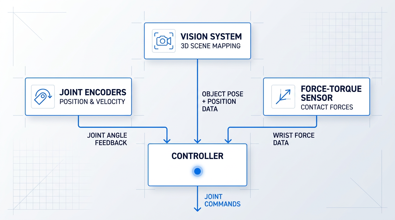 Three-layer sensing architecture of a robotic arm showing joint encoders, force-torque sensor, and vision system feeding data streams to the central controller.
