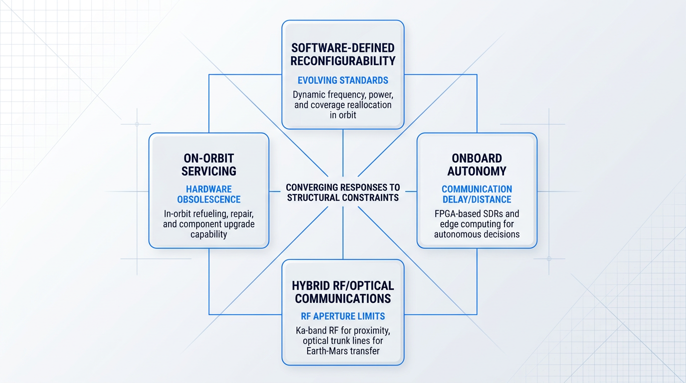 Four-node diagram showing payload system innovation axes: software-defined reconfigurability (evolving standards), onboard autonomy (communication delay), hybrid RF/optical communications (RF aperture limits), and on-orbit servicing (hardware obsolescence), with converging lines toward central unified design philosophy.