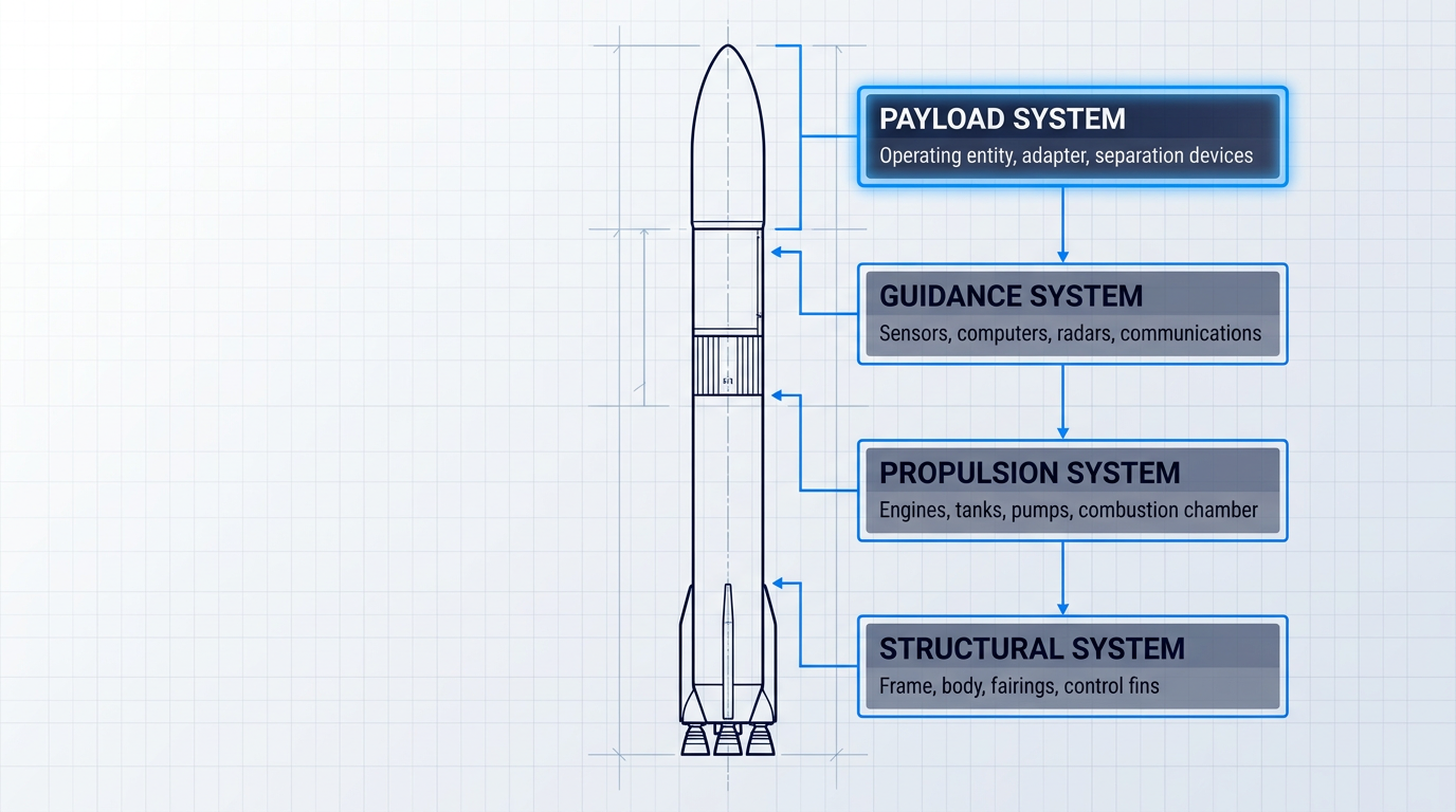 Vertical rocket diagram showing four major systems: payload system at top with electric blue highlight, guidance system, propulsion system, and structural system at base, each with descriptive labels and connector lines.