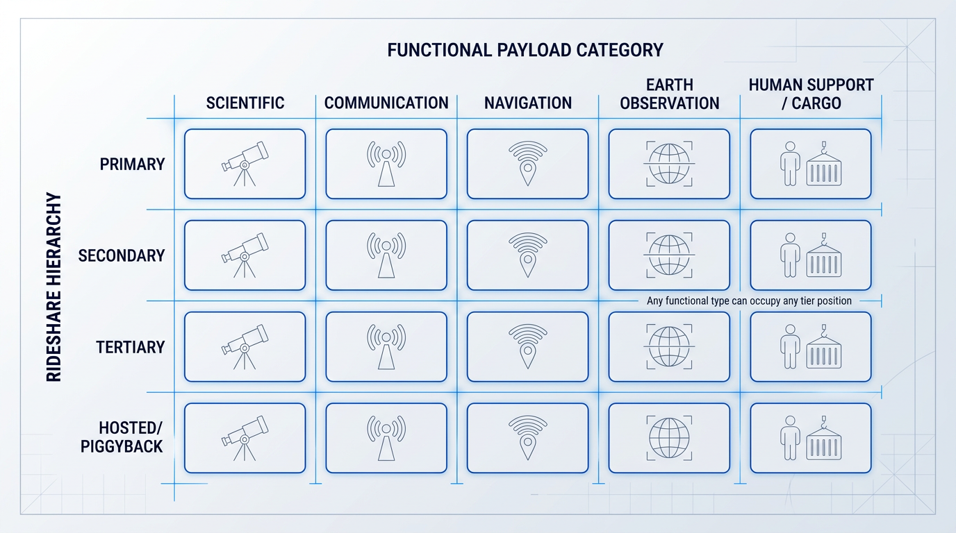 Two-axis payload taxonomy matrix with five functional categories (Scientific, Communication, Navigation, Earth Observation, Human Support/Cargo) across columns and four rideshare hierarchy tiers (Primary, Secondary, Tertiary, Hosted/Piggyback) down rows, showing any payload function can occupy any tier position.