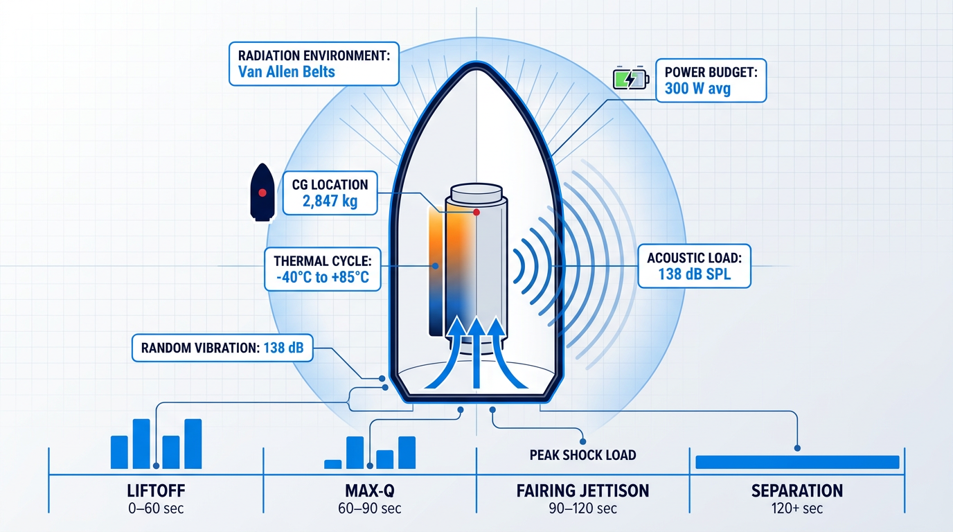 Cross-sectional payload fairing diagram showing constraint indicators: center-of-gravity marker, thermal gradient shading, vibration arrows, acoustic pressure waves, radiation belt overlay, and power budget icon. Timeline strip at bottom indicates when each load type peaks across liftoff, max-Q, fairing jettison, and separation phases.
