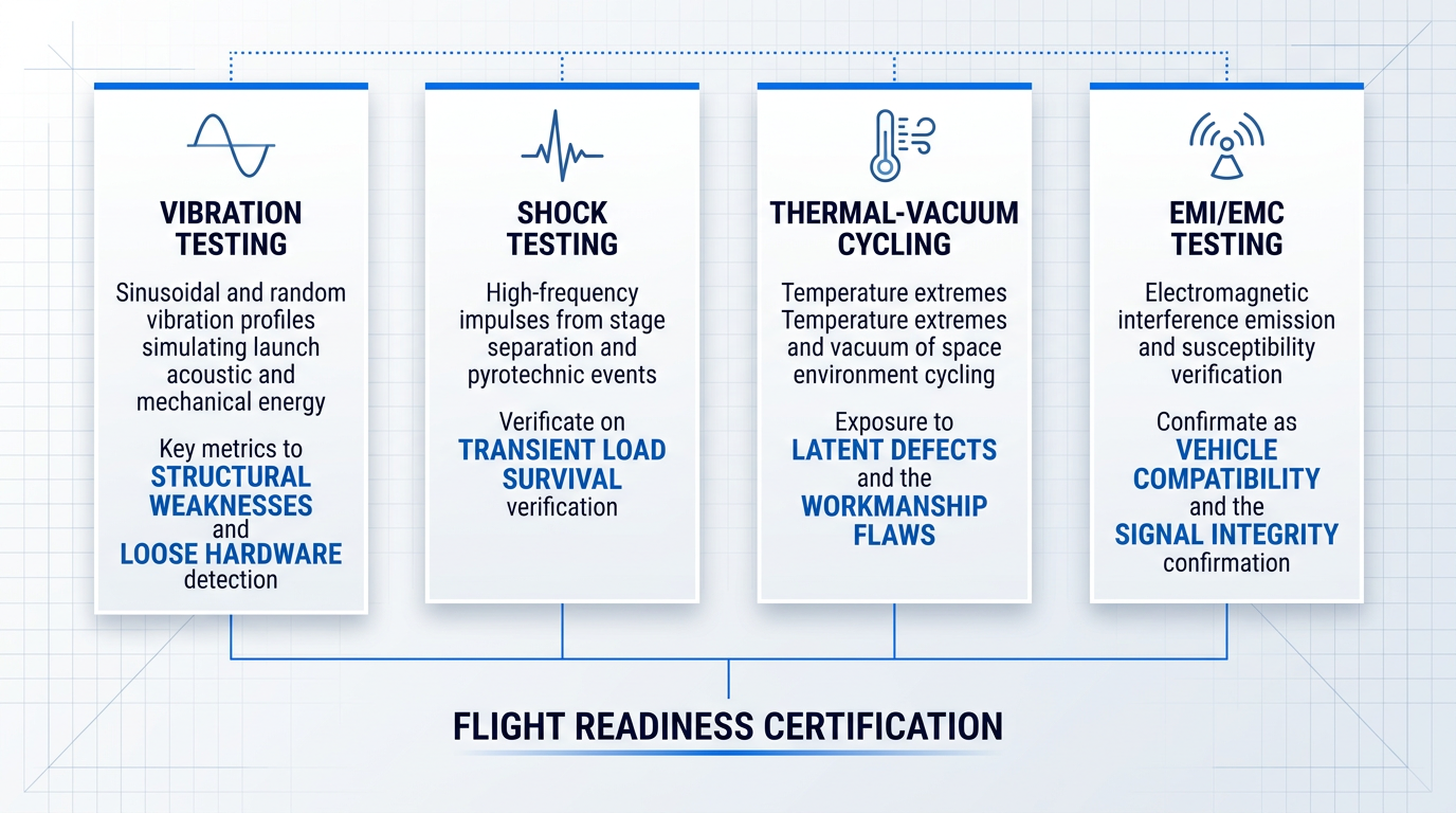 Four-column parallel test framework showing vibration testing, shock testing, thermal-vacuum cycling, and EMI/EMC testing, each with icons and key verification focuses, converging to flight readiness certification baseline.
