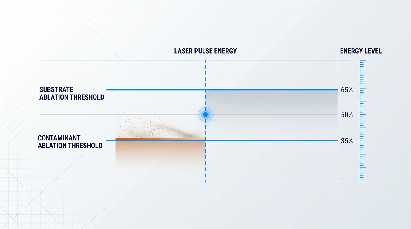 Energy threshold diagram showing two horizontal lines: contaminant ablation threshold (lower) with vaporising rust layer, and substrate ablation threshold (higher) with intact steel surface. Laser pulse energy level positioned between them as a vertical dashed line, illustrating the self-limiting ablation mechanism.