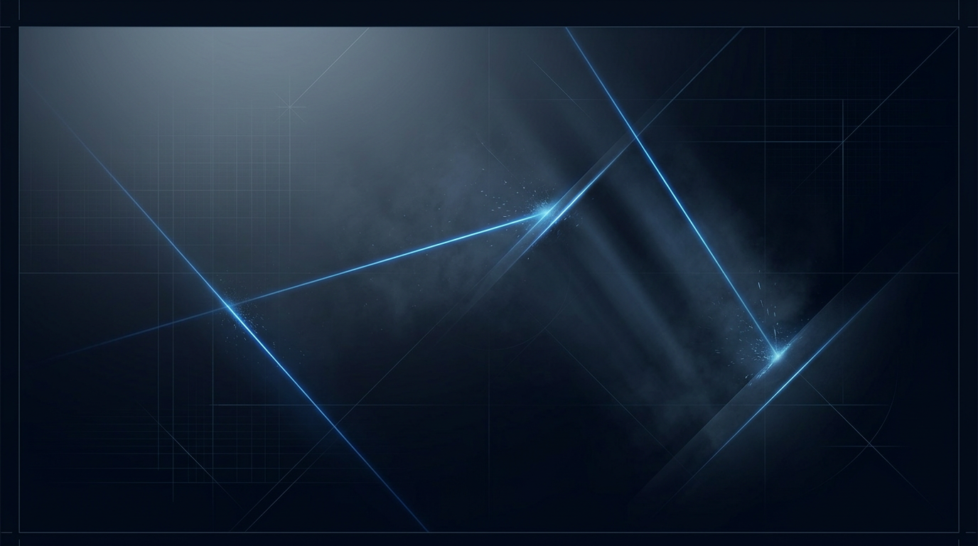Dark industrial background with electric blue laser beams cutting through mist and particle haze, creating volumetric light rays with subtle glow effects against deep navy tones and faint geometric grid patterns.
