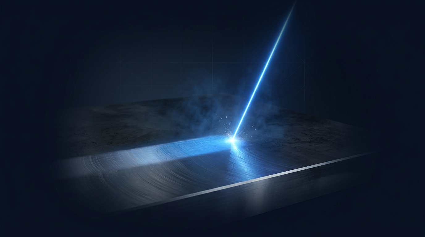 Dark industrial metal surface with focused electric blue laser beam striking at precise angle, creating bright glowing contact point with particle ablation and vaporized material rising from interaction zone.