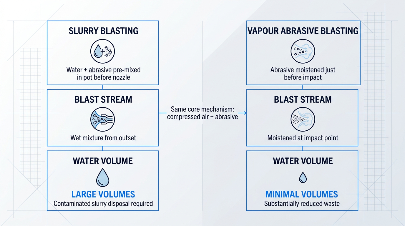 Side-by-side comparison of slurry blasting versus vapour abrasive blasting, showing water and abrasive pre-mixed in pot for slurry method, abrasive moistened at impact for vapour method, with water volume differences highlighted.