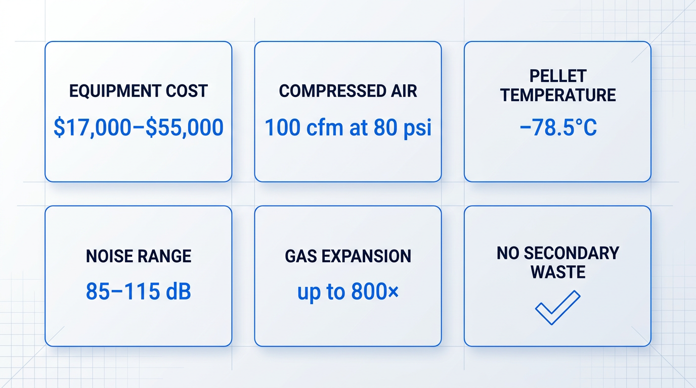Six-container specification grid showing dry ice blasting operational parameters: equipment cost $17,000–$55,000, compressed air requirement 100 cfm at 80 psi, pellet temperature −78.5°C, noise range 85–115 dB, gas expansion up to 800×, and zero secondary waste indicator.
